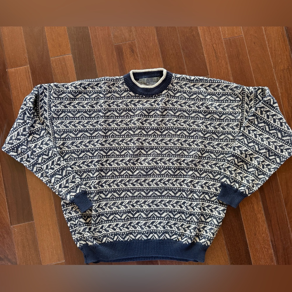 Vintage Basix Chunky cotton ramie Men’s large sweater Navy & tan knit